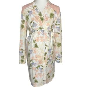 Motherhood Maternity Bathrobe White Pink Floral Print Lace Detail Medium 8-10